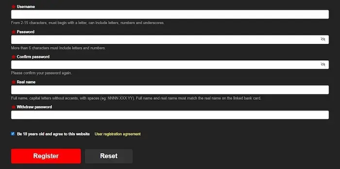 User filling out acewin register form to access top online casino games